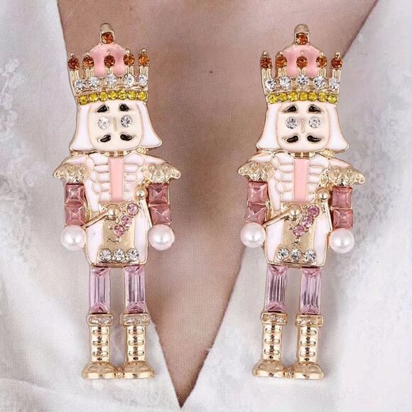 PINK Crystal Nutcracker Earrings Soldier Christmas Pave Stones 210A2 - Picture 3 of 7